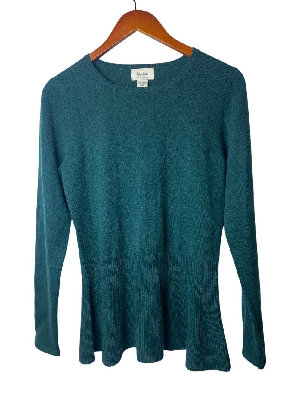 Neiman Marcus Green Cashmere Peplum Ribbed Long Sleeve Sweater Size Large